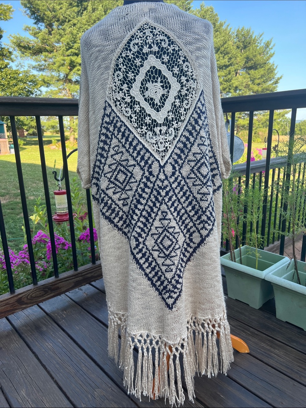 Taylor & Sage 
Beige Fringe Knit Shawl with Navy Geometric Crochet Panel